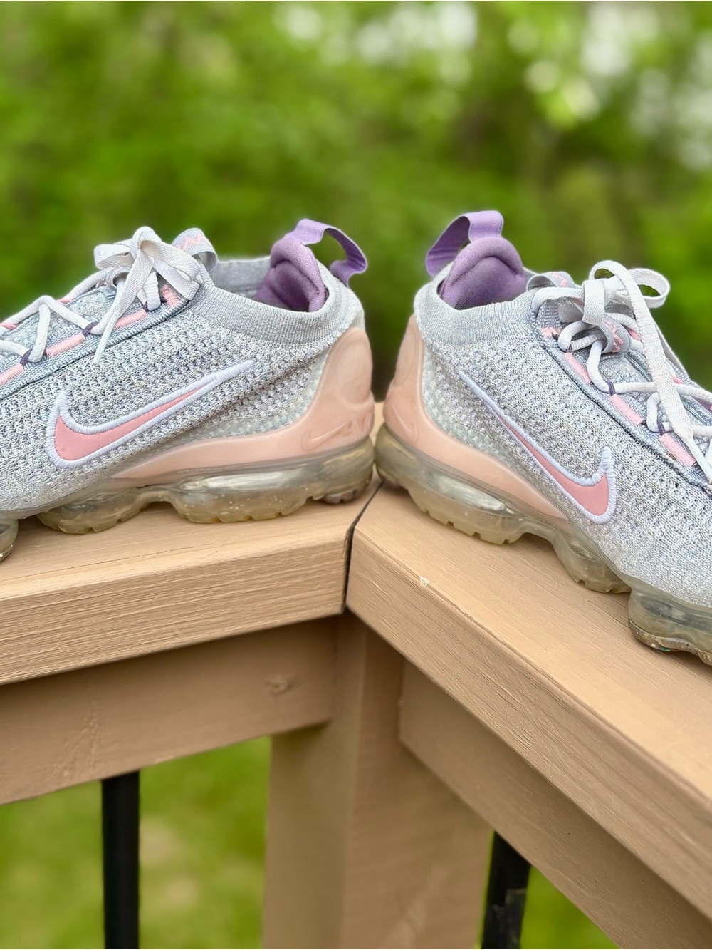 Nike Kids VaporMax Flyknit Sneakers - Light Gray and Pink